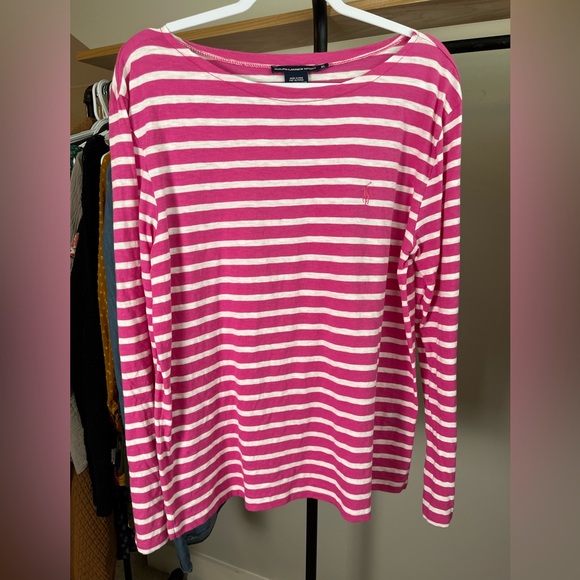 Ralph Lauren Sport Top Bright Pink Striped Boatneck Long Sleeve T Shirt Size XL - Picture 2 of 6